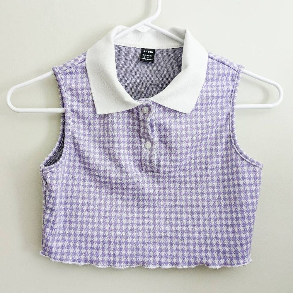 Shein Houndstooth Purple Collared Cropped Polo Tee - Picture 2 of 4